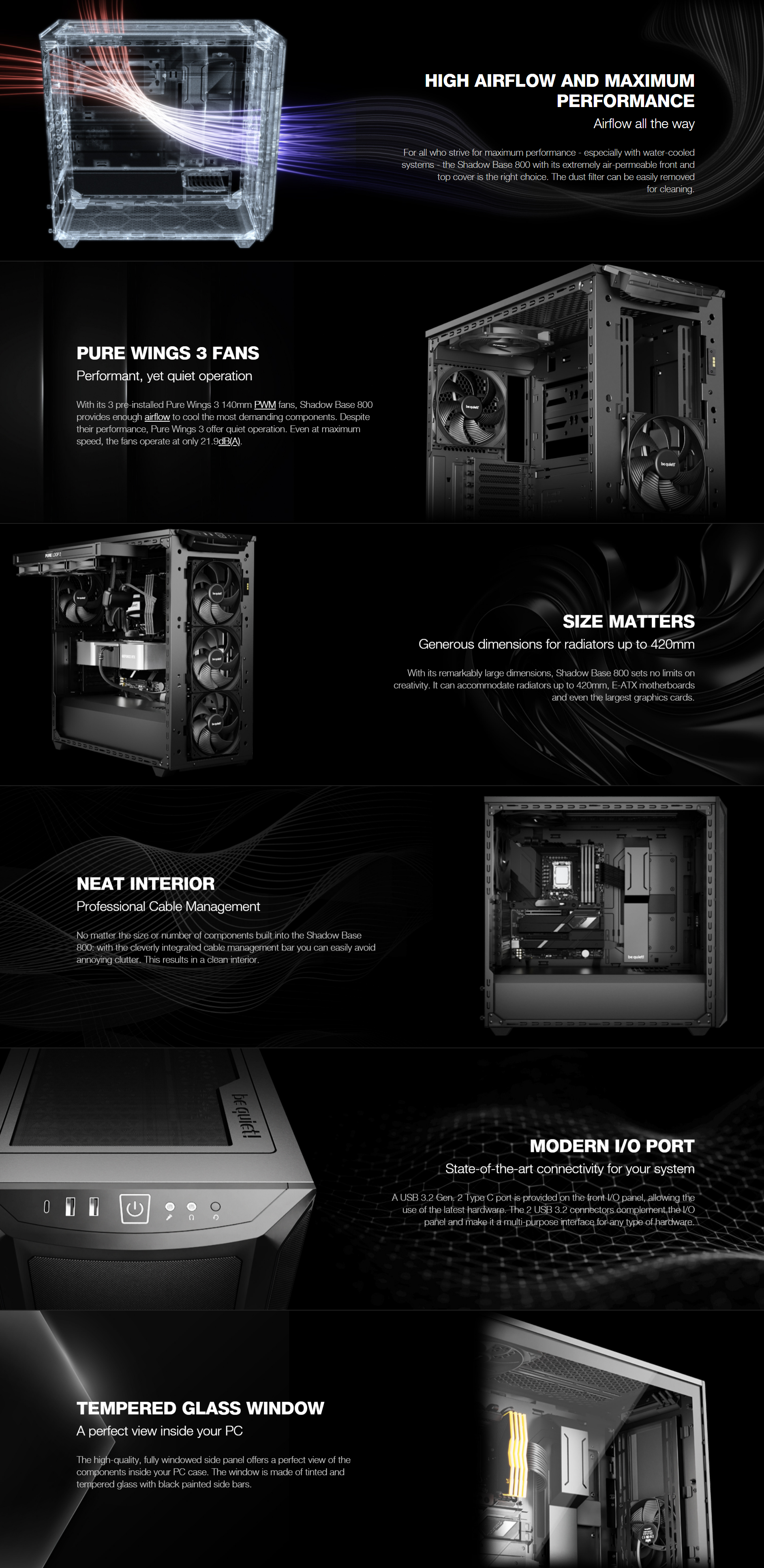 A large marketing image providing additional information about the product be quiet! SHADOW BASE 800 Mid Tower Case - Black - Additional alt info not provided
